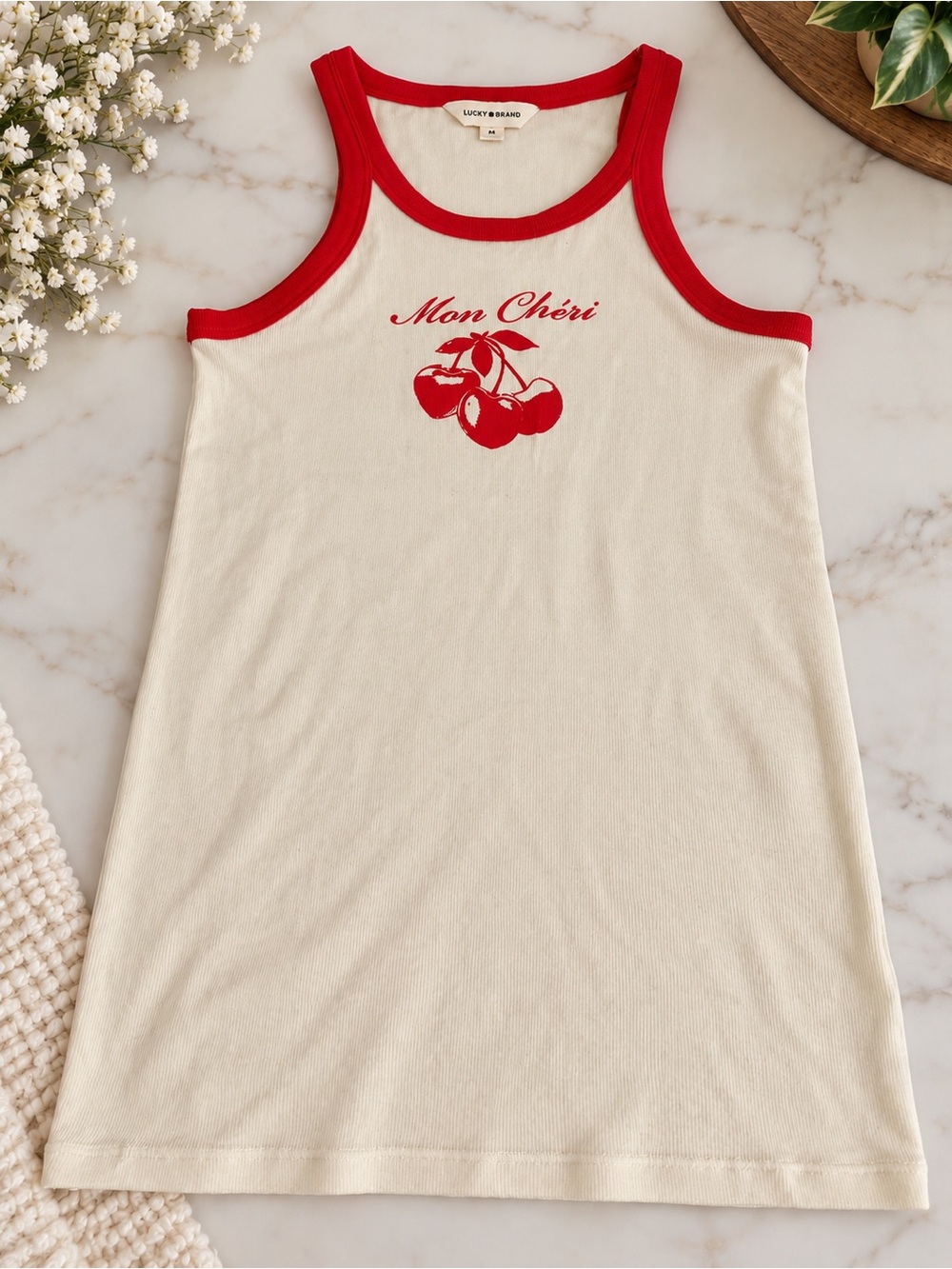 Lucky Brand Cream Sleep Tank with Red Trim & Cherry Graphic